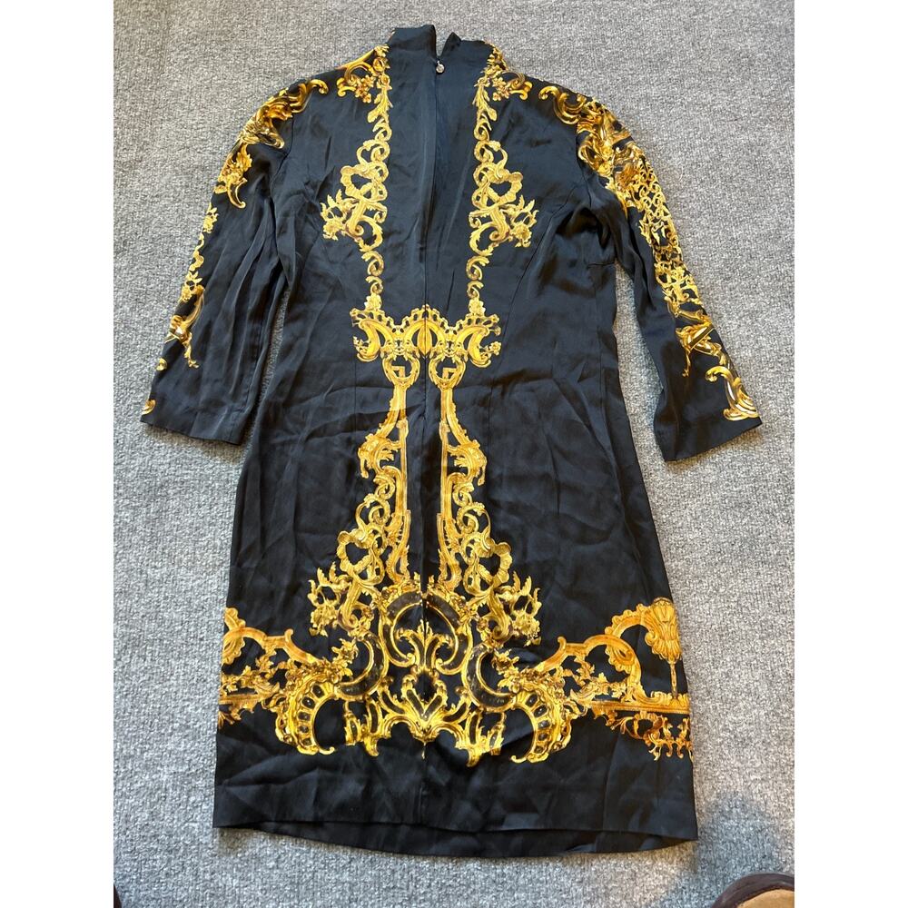 Just Cavalli Silk Baroque Black Gold Long Sleeve Elegant Cocktail Sheath Dress - Picture 11 of 13
